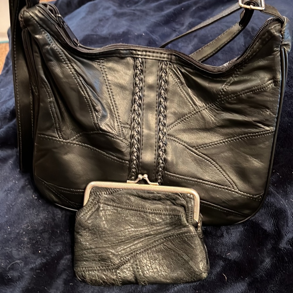 BLACK LEATHER PATCHWORK PURSE WITH MATCHING COIN PURSE